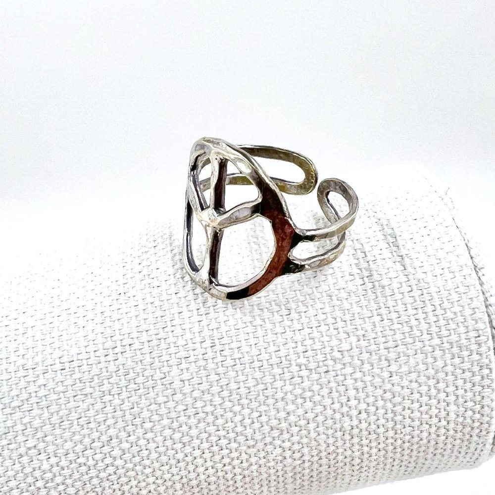 Silver Tone Rustic Hammered Peace Symbol Size 9.5 Ring